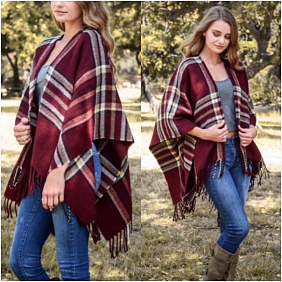 Sweaters - Bohemian Plaid Tassel Sweater Cardi Kimono Scarf